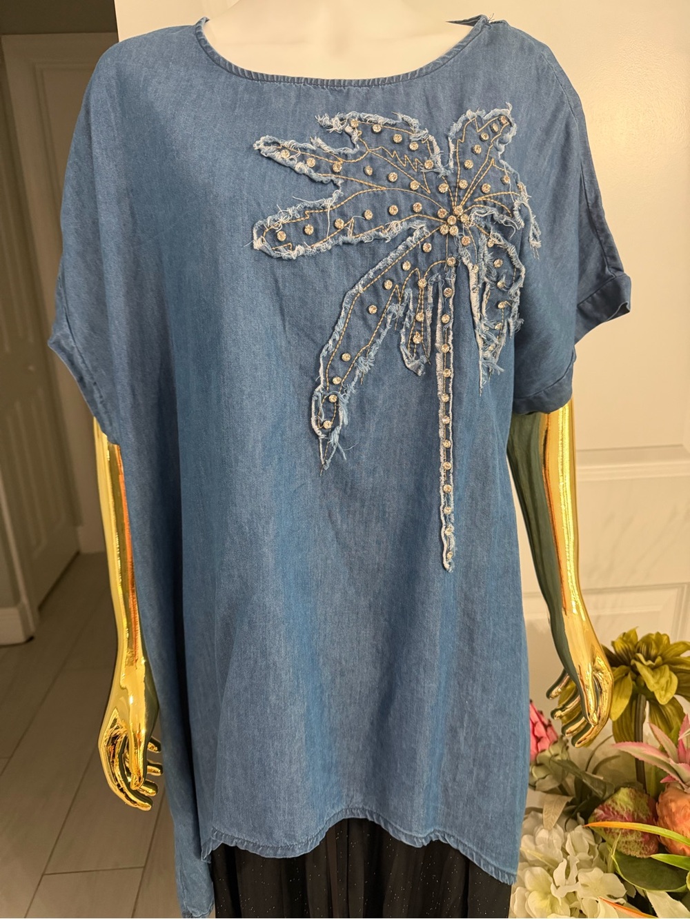Milano Denim Blue Palm Embellished Tunic NWT 2X